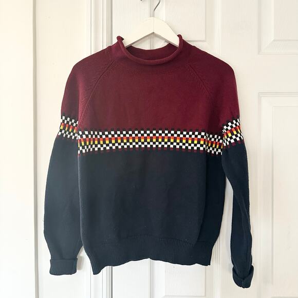 Iggy Cotton Jacquard Raglan Roll Top Knit Sweater Red Blue Checkered Small Men - Picture 2 of 11